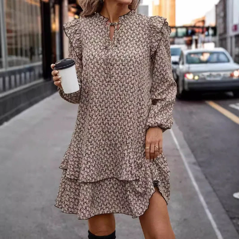  Bohemian Printed V-neck Lace-up Long Sleeve Dress