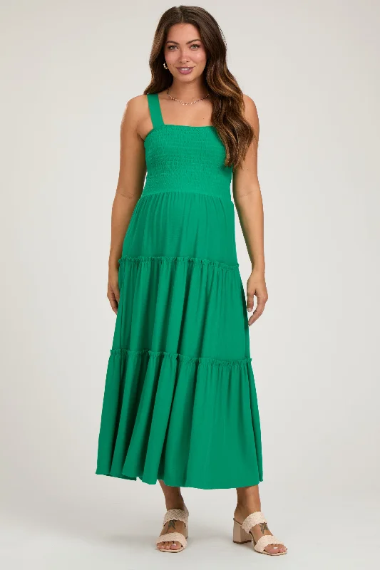 Maternity dress for a baby's first visit to the rooftop garden Green Sleeveless Tiered Maternity Maxi Dress Maternity dress for a baby's first visit to the rooftop garden Green Sleeveless Tiered Maternity Maxi Dress