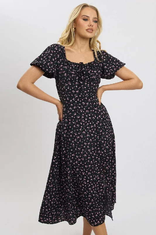 A - line midi dresses with floral prints for spring brunches Black Ditsy Midi Dress Short Sleeve Side Split A - line midi dresses with floral prints for spring brunches Black Ditsy Midi Dress Short Sleeve Side Split