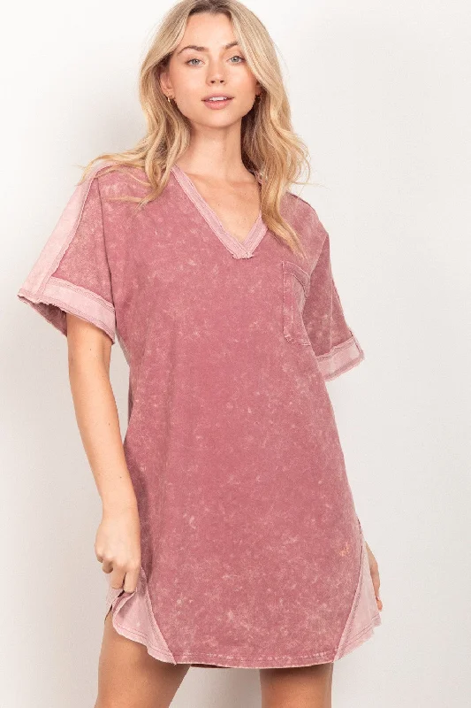 Everyday Wrap Dress with Adjustable Belt​ Mauve Short Sleeve V-Neck Tee Dress