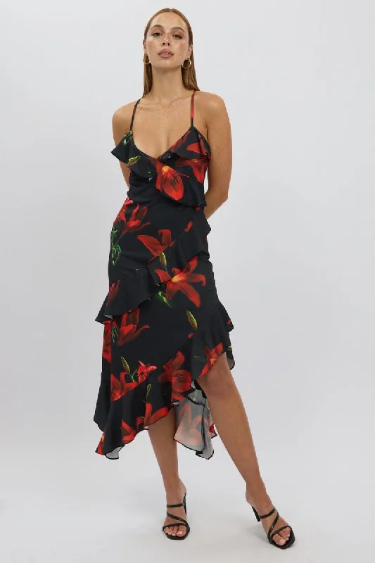Midi dresses with ruched bodices for a feminine and fitted feel Black Floral Midi Dress Ruffle Detail Midi dresses with ruched bodices for a feminine and fitted feel Black Floral Midi Dress Ruffle Detail