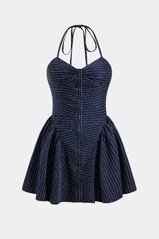 Animal print mini dresses for a bold statement Stripes Button Halter Neck Backless Mini Dress Animal print mini dresses for a bold statement Stripes Button Halter Neck Backless Mini Dress