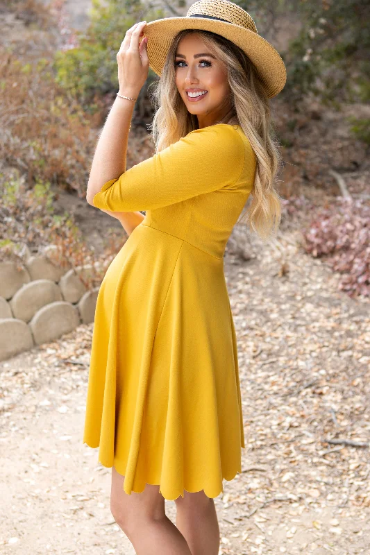 Bohemian style maternity dress for beach weddings Mustard Solid Scalloped Hem Maternity Dress