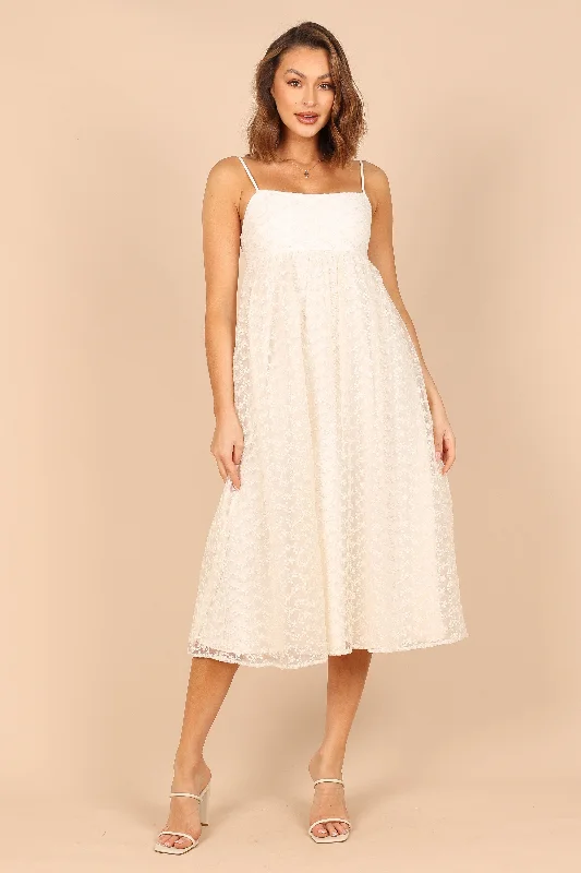 Midi dresses with V - necklines for a flattering and elongating effect Fleaur Midi Dress - Beige Midi dresses with V - necklines for a flattering and elongating effect Fleaur Midi Dress - Beige