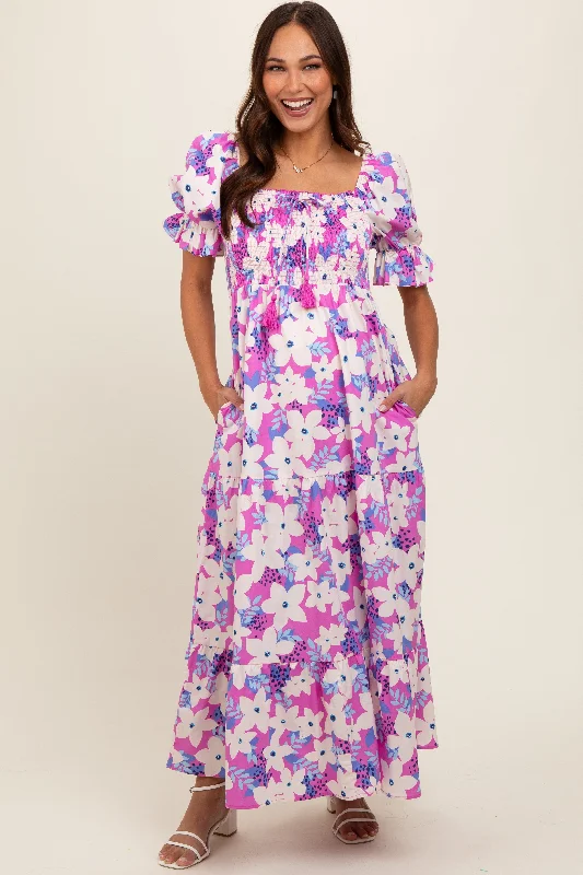 Maternity lace dress for a romantic look Magenta Floral Puff Sleeve Maternity Maxi Dress Maternity lace dress for a romantic look Magenta Floral Puff Sleeve Maternity Maxi Dress