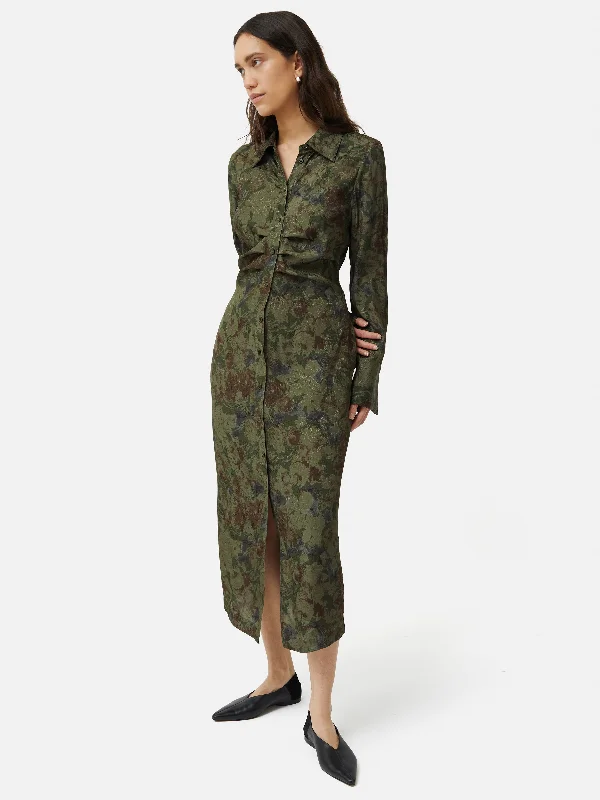 Maxi - inspired midi dresses with flowing fabrics for a beachy vibe Shadow Floral Jacquard Dress | Green Maxi - inspired midi dresses with flowing fabrics for a beachy vibe Shadow Floral Jacquard Dress | Green