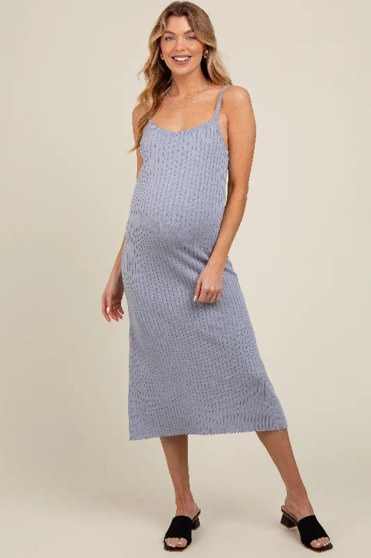 Maternity dress for a baby's first visit to the beach Light Blue Square Neck Ribbed Sleeveless Maternity Midi Dress Maternity dress for a baby's first visit to the beach Light Blue Square Neck Ribbed Sleeveless Maternity Midi Dress