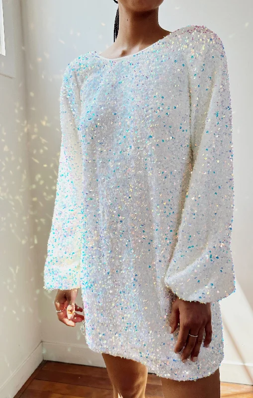 Mini dresses with high - low hems for a modern twist Clarabelle Dress ~ White Sparkle Sequins Mini dresses with high - low hems for a modern twist Clarabelle Dress ~ White Sparkle Sequins