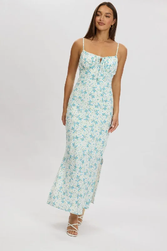 Midi dresses with pom - pom trims for a playful and festive look Blue Floral Midi Dress Gathering Bust Sleeveless Midi dresses with pom - pom trims for a playful and festive look Blue Floral Midi Dress Gathering Bust Sleeveless