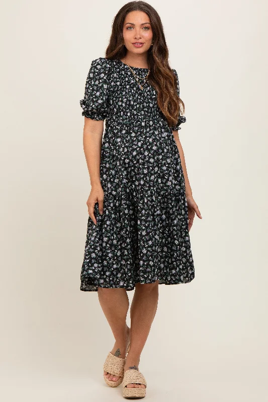 Maternity dress for hospital visits during pregnancy Black Floral Smocked Maternity Midi Dress Maternity dress for hospital visits during pregnancy Black Floral Smocked Maternity Midi Dress