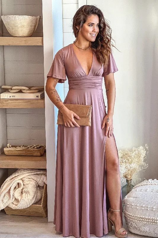  Blush Maxi Dress With Slit And Short Sleeves