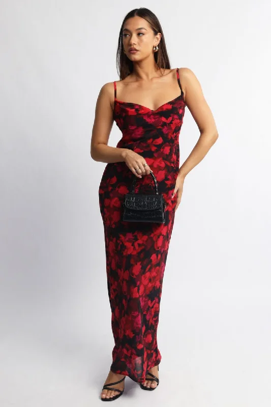 Midi dresses with off - the - shoulder necklines for a flirty look Red Floral Maxi Dress Cowl Neck Midi dresses with off - the - shoulder necklines for a flirty look Red Floral Maxi Dress Cowl Neck