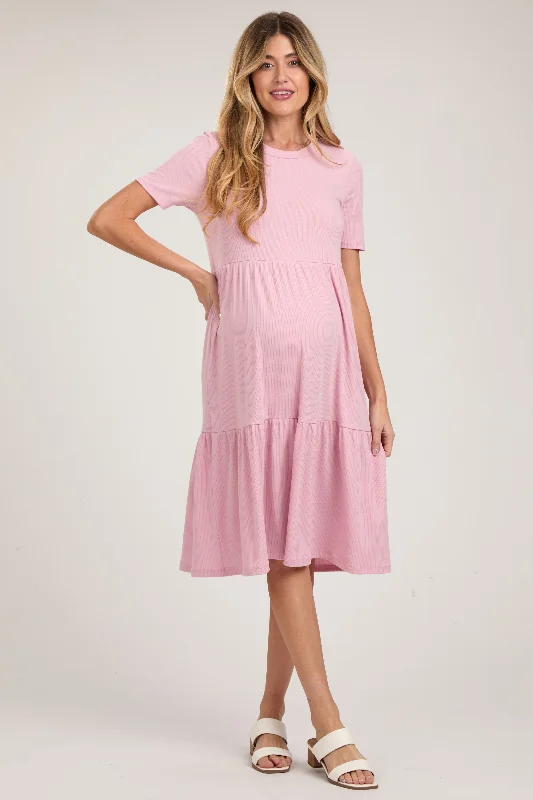 Maternity dress for a summer barbecue Pink Ribbed Tiered Maternity Midi Dress