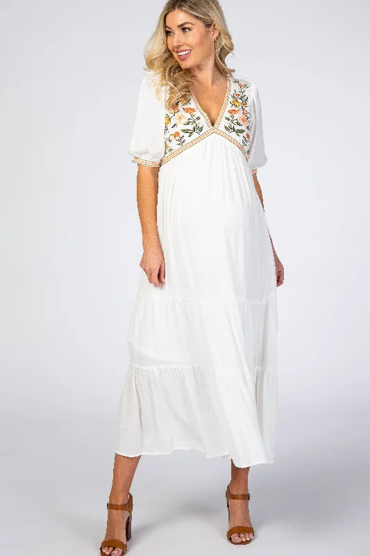 Maternity dress for a baby's first visit to the meditation garden Ivory Floral Embroidered Maternity Midi Dress