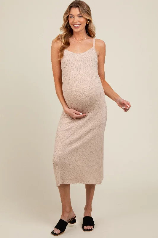 Maternity dress for a baby's first visit to the vineyard Beige Square Neck Ribbed Sleeveless Maternity Midi Dress Maternity dress for a baby's first visit to the vineyard Beige Square Neck Ribbed Sleeveless Maternity Midi Dress