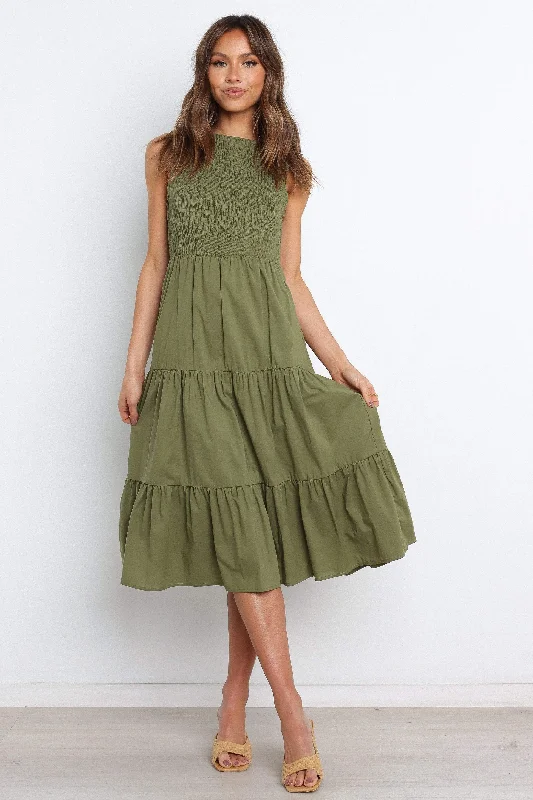 Midi dresses with ruffled sleeves for a more feminine and voluminous look Erhardt Dress - Olive Midi dresses with ruffled sleeves for a more feminine and voluminous look Erhardt Dress - Olive