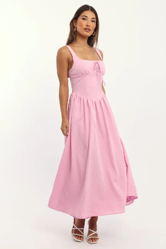 Midi dresses with patchwork patterns for a one - of - a - kind style Pink Midi Dress Gathered Bust Midi dresses with patchwork patterns for a one - of - a - kind style Pink Midi Dress Gathered Bust
