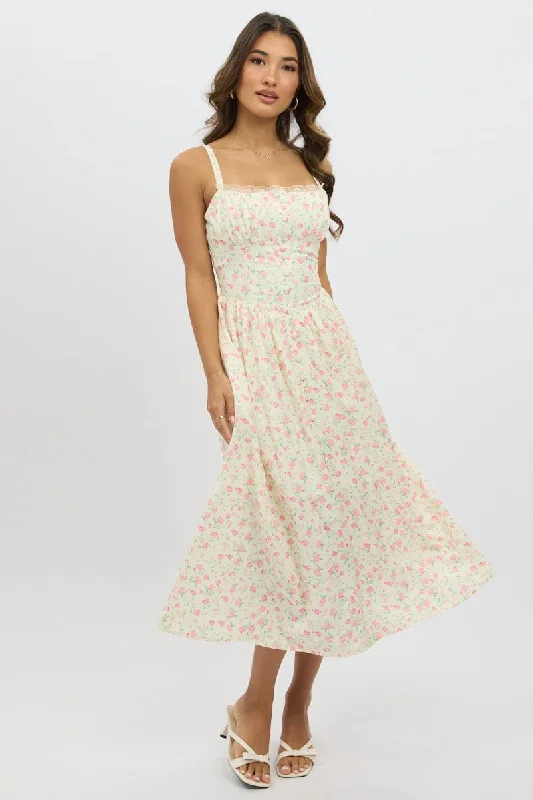 Sheath midi dresses with beaded embellishments for a formal occasion White Ditsy Midi Dress Lace Trim Sheath midi dresses with beaded embellishments for a formal occasion White Ditsy Midi Dress Lace Trim