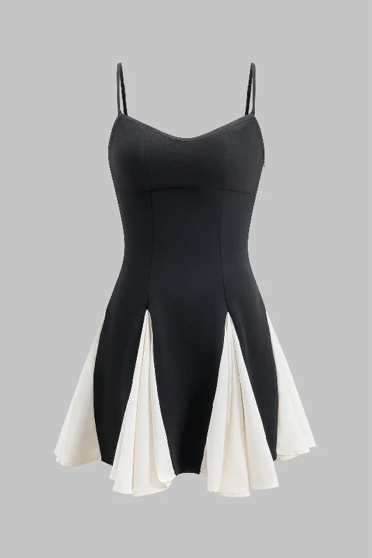 Mini dresses with one - shoulder designs Contrast Pleated Patchwork Slip Mini Dress