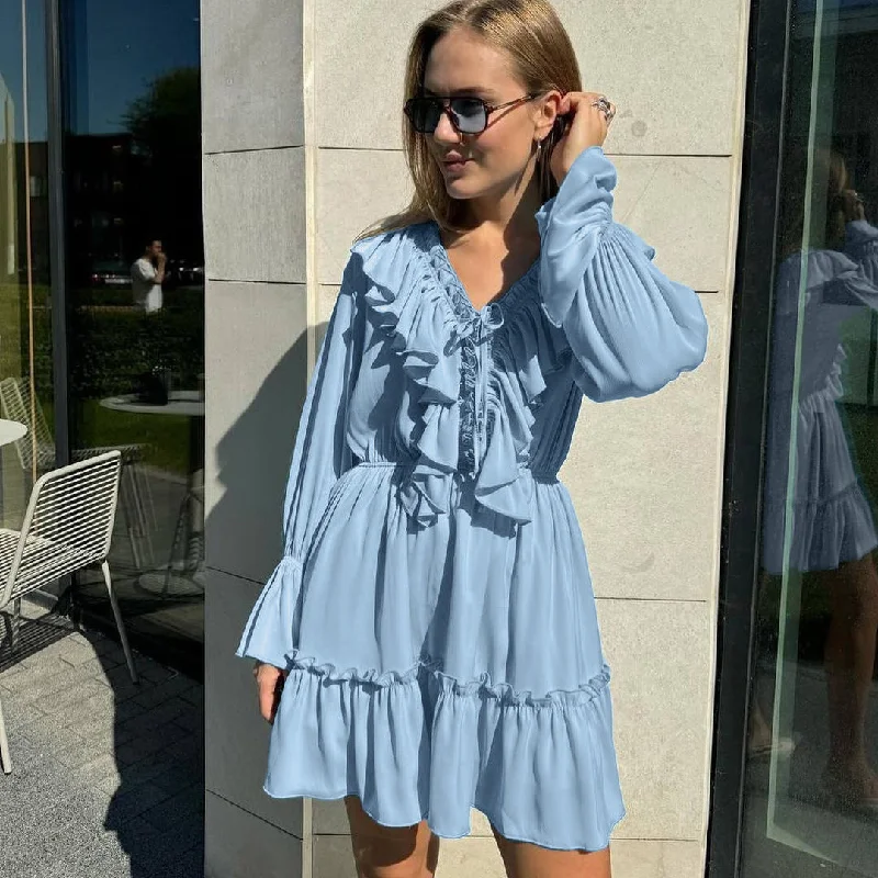  Stylish V Neck Pleated Ruffle Puffy Skirt Short  Dress  with Long Sleeve
