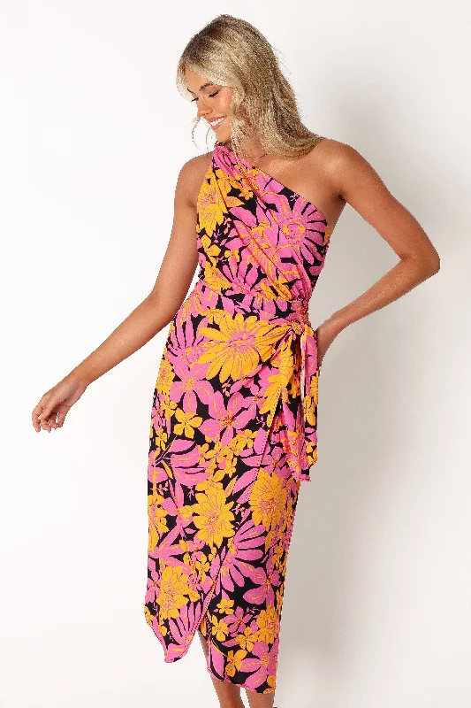 Midi dresses with patchwork patterns for a one - of - a - kind style Clara One Shoulder Midi Dress - Black Floral