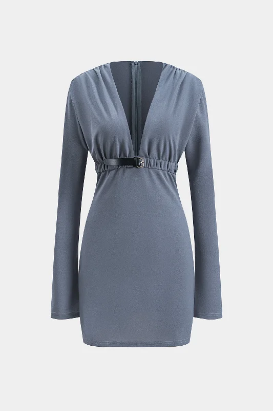 Velvet mini dresses for autumn weddings Ruched Zipper Belted V-Neck Long Sleeve Mini Dress Velvet mini dresses for autumn weddings Ruched Zipper Belted V-Neck Long Sleeve Mini Dress