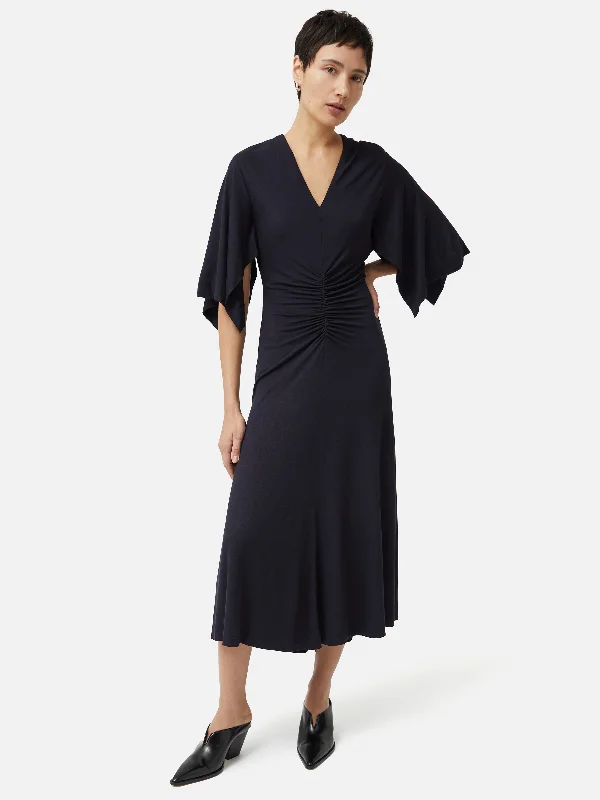 Midi dresses with one - shoulder designs for a modern and asymmetric style Crepe Handkerchief Dress | Navy