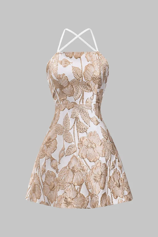 Mini dresses with keyhole necklines Jacquard Tie Back Backless Zipper Mini Dress