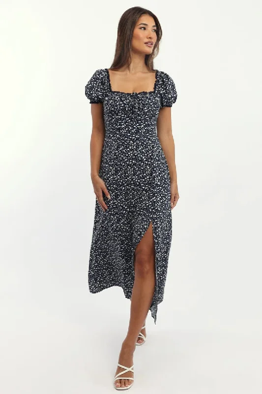 High - low midi dresses with geometric patterns for a modern party Blue Ditsy Midi Dress Short Sleeve Side Split High - low midi dresses with geometric patterns for a modern party Blue Ditsy Midi Dress Short Sleeve Side Split