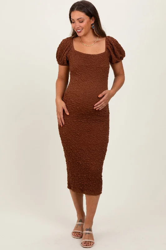 Maternity dress for a baby's first visit to the sensory garden Mocha Textured Square Neck Puff Sleeve Maternity Midi Dress Maternity dress for a baby's first visit to the sensory garden Mocha Textured Square Neck Puff Sleeve Maternity Midi Dress