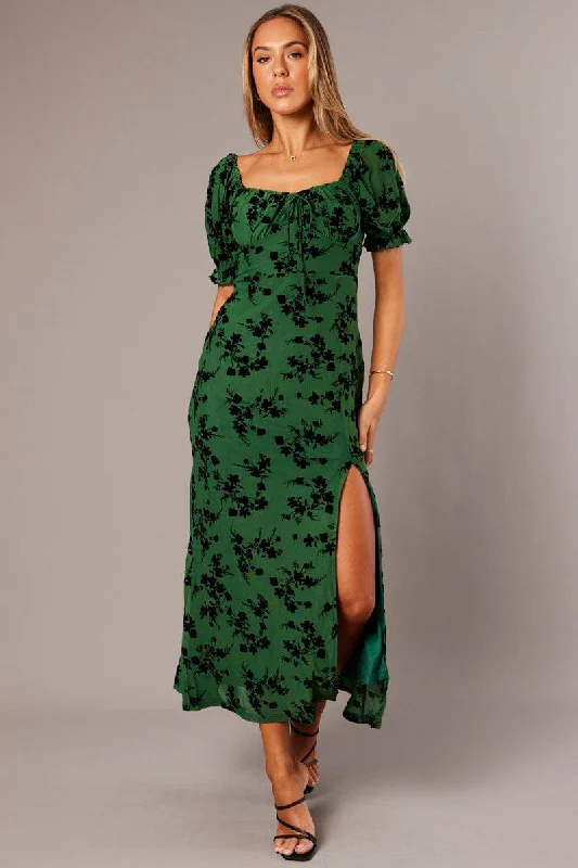 Midi dresses with wrap - around skirts for a customizable fit Green Midi Dress Puff Sleeve Burn Out Midi dresses with wrap - around skirts for a customizable fit Green Midi Dress Puff Sleeve Burn Out
