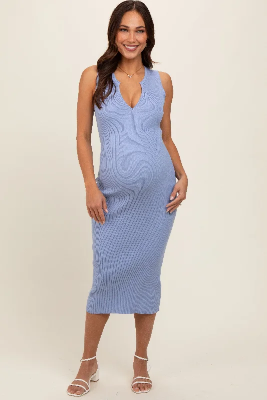 Maternity dress for a mountain getaway Periwinkle V-Neck Knit Maternity Midi Dress