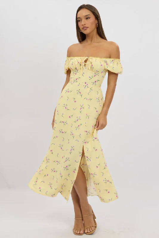 High - low midi dresses with geometric patterns for a modern party Yellow Floral Midi Dress Ruched Bust High - low midi dresses with geometric patterns for a modern party Yellow Floral Midi Dress Ruched Bust
