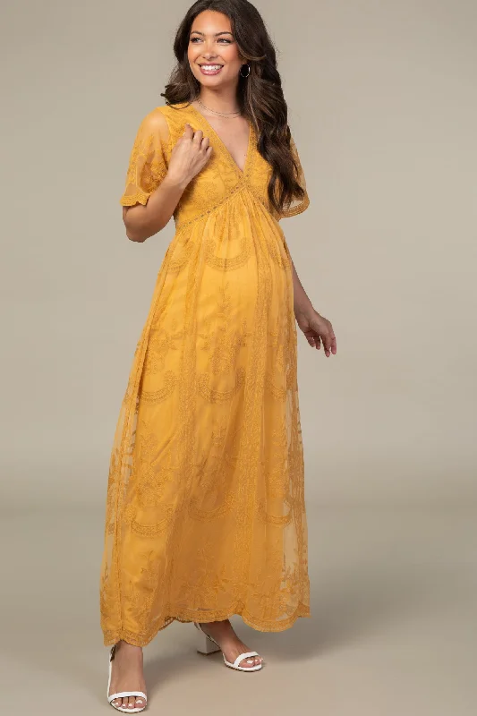 Maternity dress for a movie night out PinkBlush Mustard Lace Mesh Overlay Maternity Maxi Dress Maternity dress for a movie night out PinkBlush Mustard Lace Mesh Overlay Maternity Maxi Dress