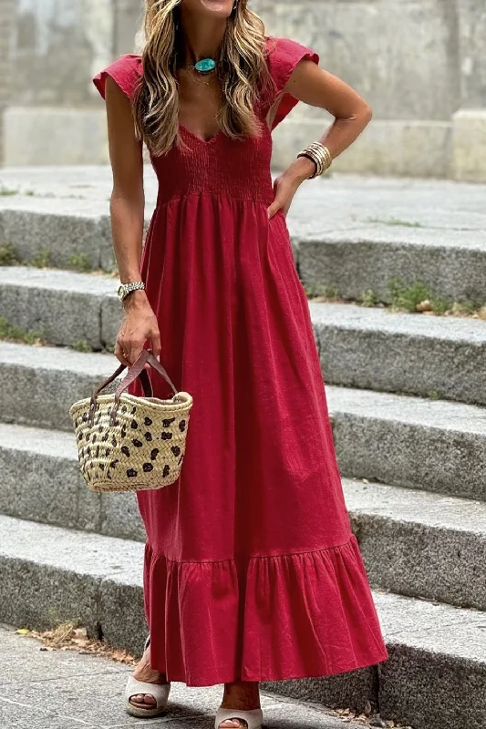  Smocked Tiered Cap Sleeve Maxi Dress