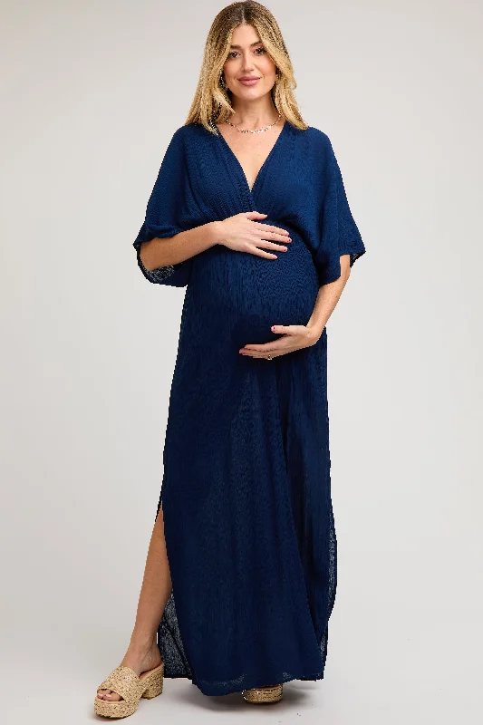 Maternity dress for a baby's dedication Navy Lightweight Deep V-Neck Maternity Maxi Dress