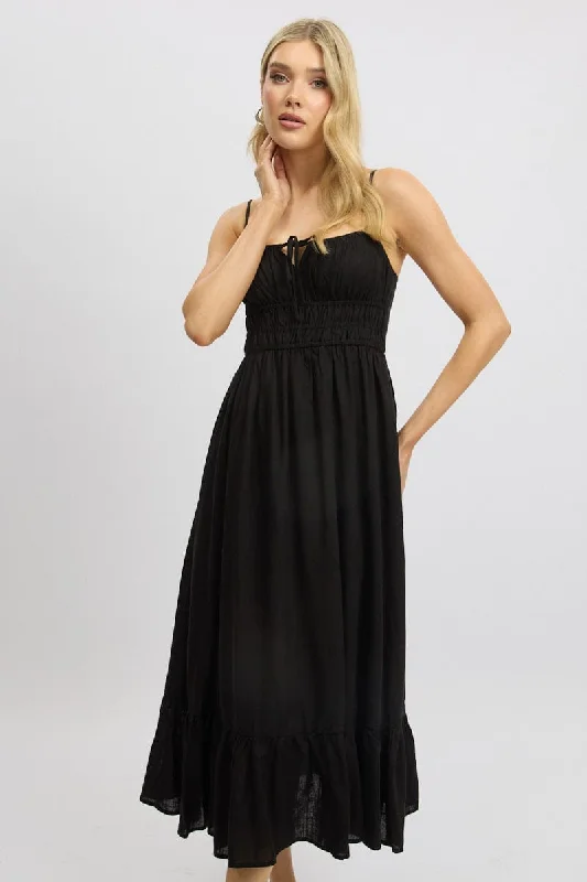 Midi dresses with belted waists to accentuate the figure Black Midi Dress Tiered Strappy Midi dresses with belted waists to accentuate the figure Black Midi Dress Tiered Strappy