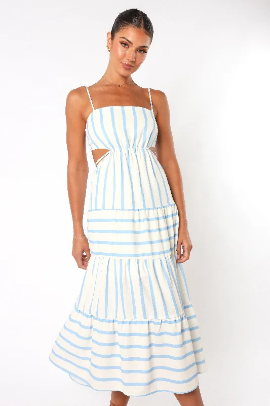 Midi dresses with ruffled hems for a romantic date night Evelin Midi Dress - Blue Stripe Midi dresses with ruffled hems for a romantic date night Evelin Midi Dress - Blue Stripe