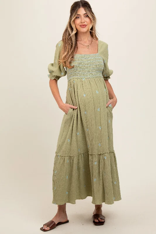 Maternity dress for a baby's first visit to the circus Light Olive Gauze Smocked Embroidered Square Neck Maternity Midi Dress Maternity dress for a baby's first visit to the circus Light Olive Gauze Smocked Embroidered Square Neck Maternity Midi Dress