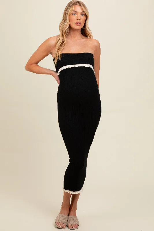 Maternity dress for a New Year's Eve celebration Black Contrast Trim Maternity Strapless Knit Dress Maternity dress for a New Year's Eve celebration Black Contrast Trim Maternity Strapless Knit Dress