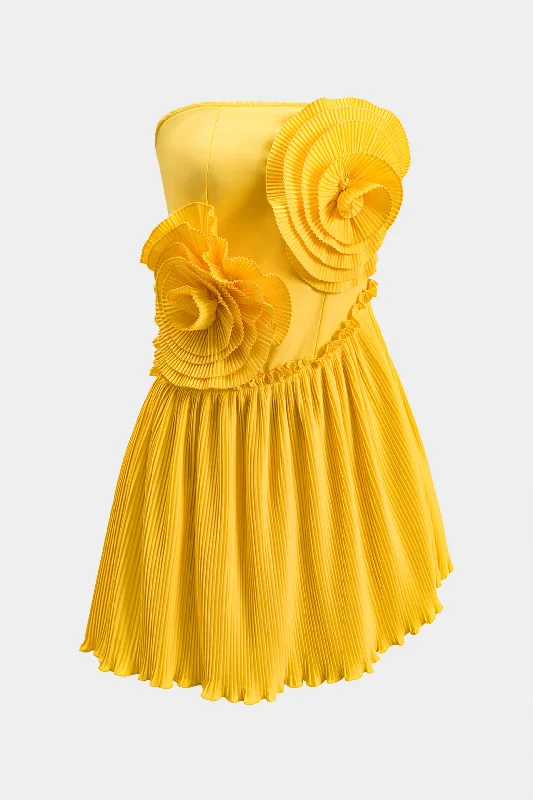 Mini dresses with asymmetric hems for a fashion - forward look 3D Floral Pleated Strapless Mini Dress Mini dresses with asymmetric hems for a fashion - forward look 3D Floral Pleated Strapless Mini Dress