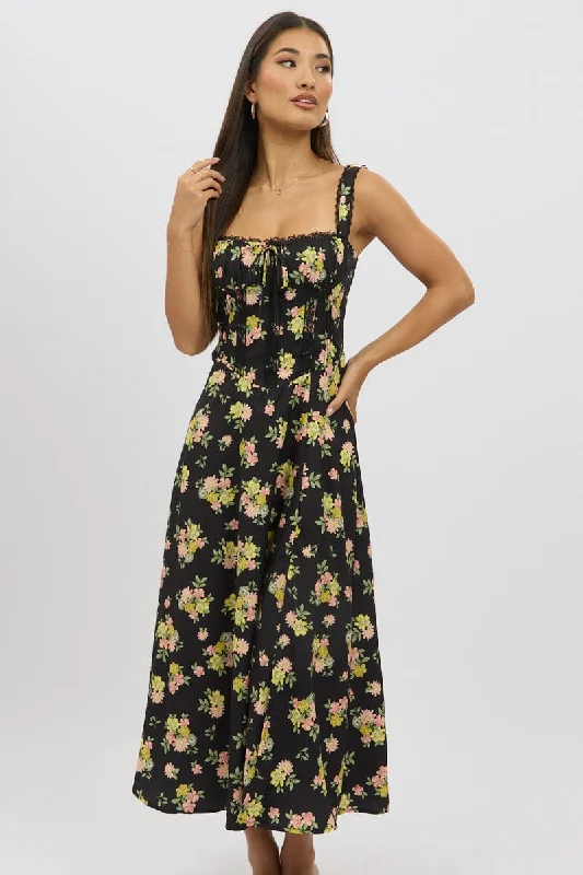 Midi dresses with puff sleeves for a vintage - inspired look Black Floral Midi Dress Corset Detail Midi dresses with puff sleeves for a vintage - inspired look Black Floral Midi Dress Corset Detail