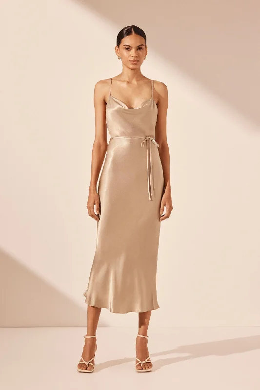 Midi dresses with bow accents for a sweet and charming look LA LUNE BIAS COWL MIDI DRESS - GOLD Midi dresses with bow accents for a sweet and charming look LA LUNE BIAS COWL MIDI DRESS - GOLD
