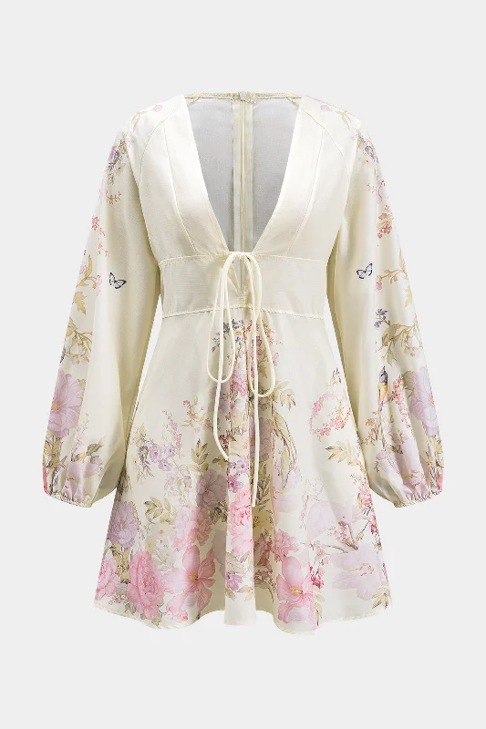 Mini dresses with keyhole necklines Floral Print Tie-Up V-Neck Zipper Long Sleeve Mini Dress Mini dresses with keyhole necklines Floral Print Tie-Up V-Neck Zipper Long Sleeve Mini Dress