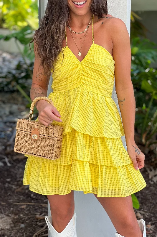  Lemon Gingham Tiered Short Dress