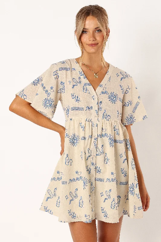 Mini dresses with tiered skirts for added volume Elias Mini Dress - Beige Blue