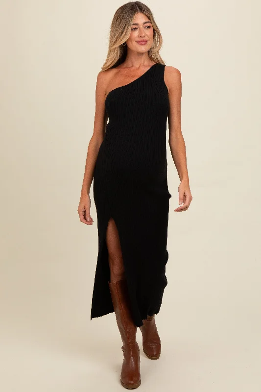 Maternity dress for a baby's first visit to the Japanese garden Black Knit One Shoulder Side Slit Maternity Maxi Dress Maternity dress for a baby's first visit to the Japanese garden Black Knit One Shoulder Side Slit Maternity Maxi Dress