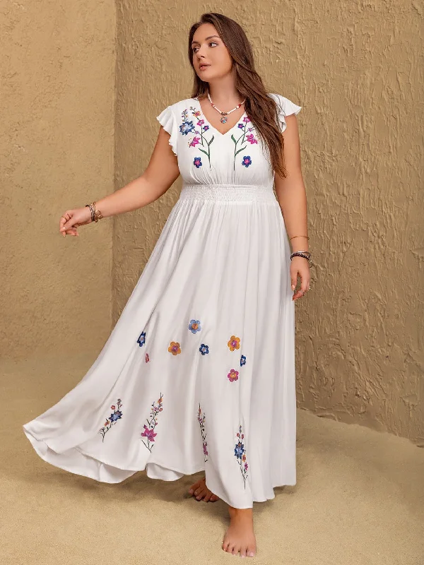  Plus Size Embroidered Floral V-Neck Cap Sleeve Maxi Dress