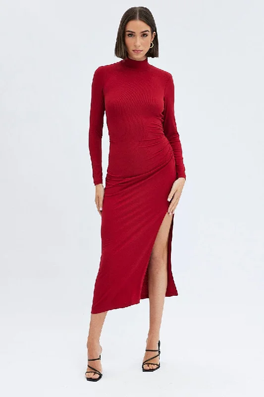 Midi dresses with halter necks for a stylish and comfortable option Red Midi Dress Long Sleeve High Neck Rib Jersey Midi dresses with halter necks for a stylish and comfortable option Red Midi Dress Long Sleeve High Neck Rib Jersey