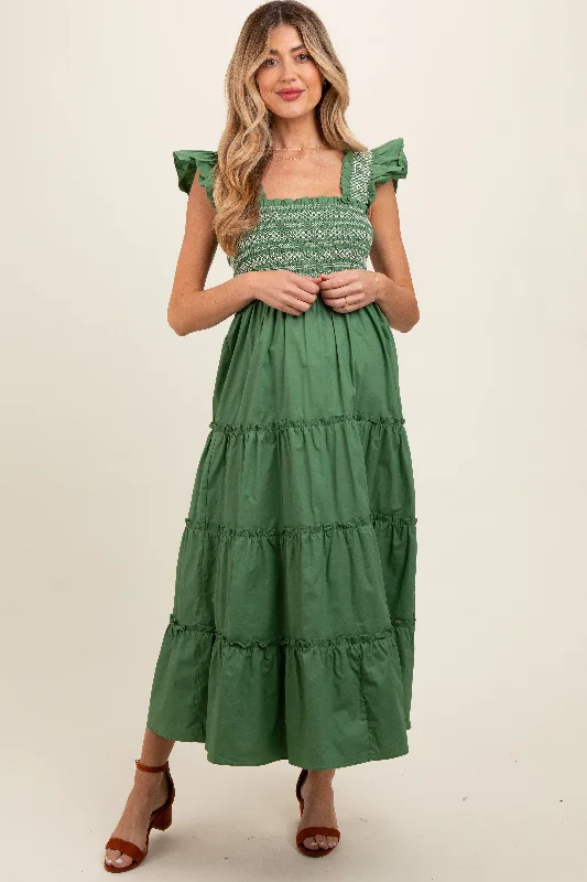 Maternity dress for a baby's first trip to the zoo Green Embroidered Smocked Maternity Midi Dress Maternity dress for a baby's first trip to the zoo Green Embroidered Smocked Maternity Midi Dress